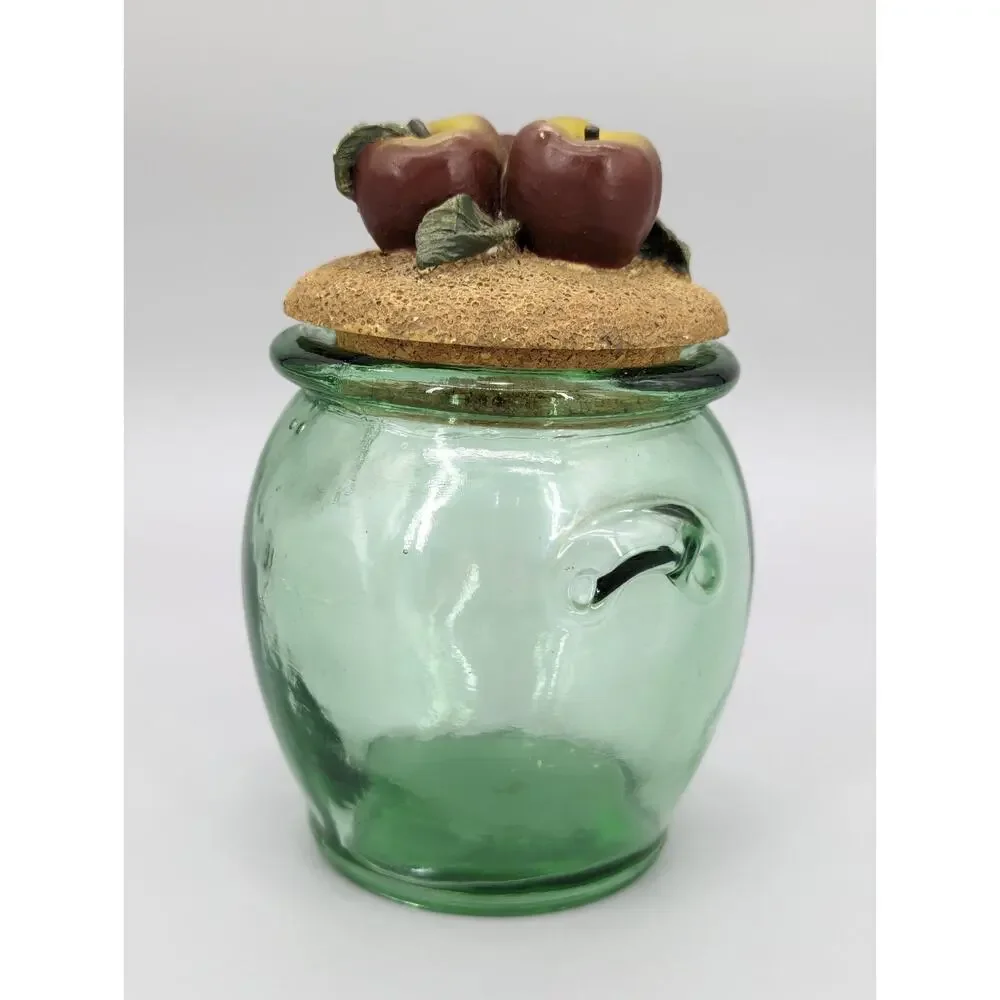 Green Embossed Kitchen Glass Storage Jar With Decorative Apples Cork Lid 7